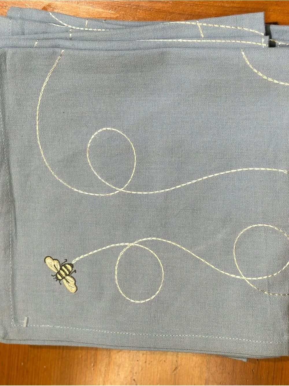Bee Embroidered Blue Cotton Napkins - Set of 6